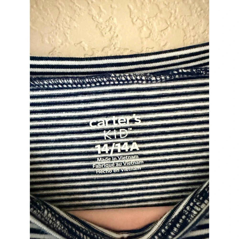 Carter's Girl's Long Sleeve Striped Floral Tie Front Dress Navy White Size 14